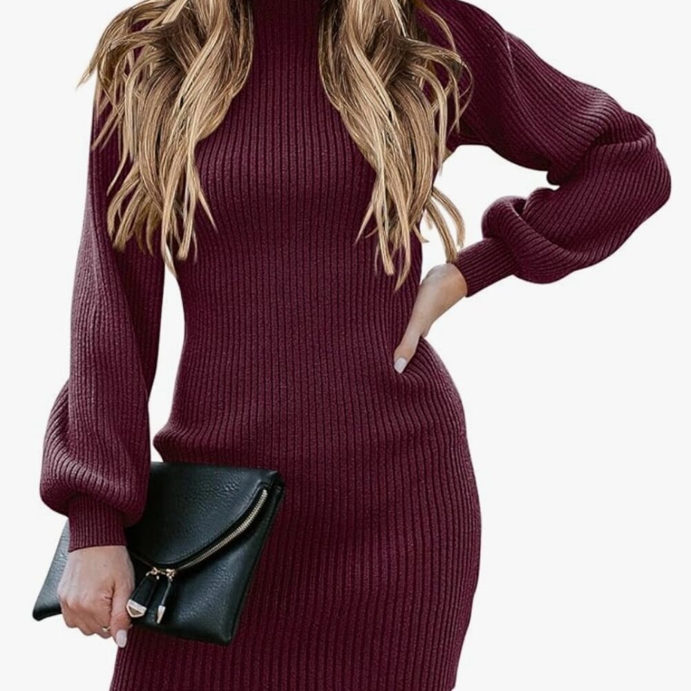 Long Sleeve Sweater Dress with Mock Neck Wine Color Large